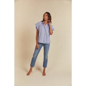 Trovata Birds Of Paradise blue striped top blouse XS Marianne B ruffle sleeve sm